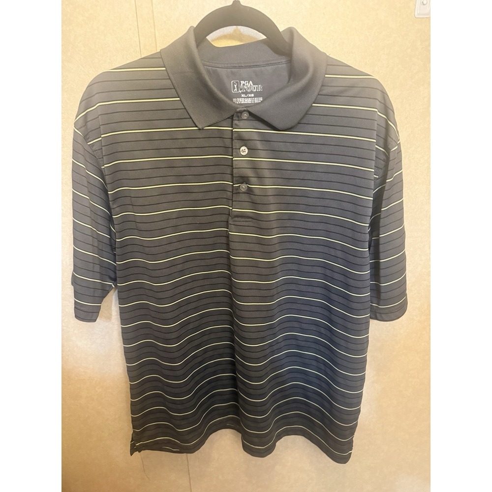 PGA TOUR GOLF POLO SHIRT MENS XL GRAY WITH YELLOW STRIPES